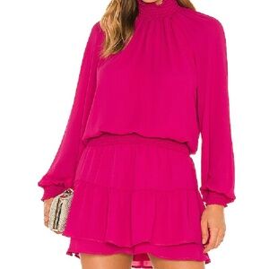 Hot Pink Turtleneck Ruffle Skirt Chiffon Dress